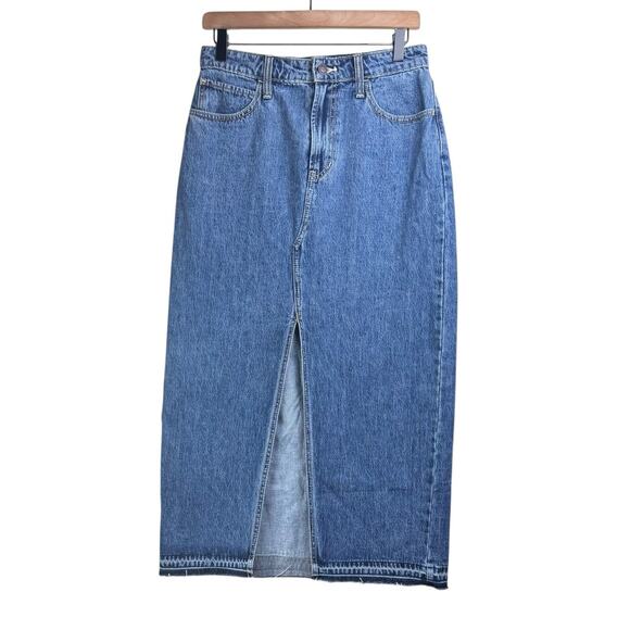 Hollister Maxi Medium Wash Denim Slit Front Frayed Hem Jean Skirt Pockets - Picture 1 of 9